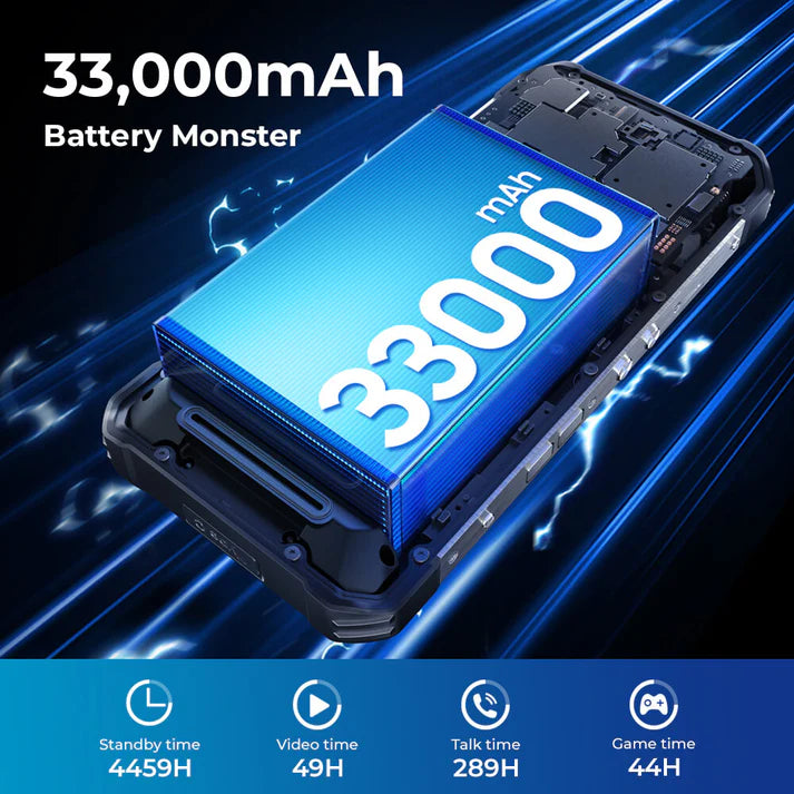 33,000mAh battery pack with charging indicators on a dark background