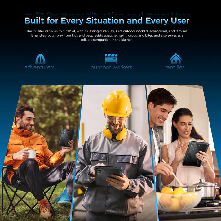 Tablet usage scenarios for adventurers, outdoor workers, and families on a blue gradient background.