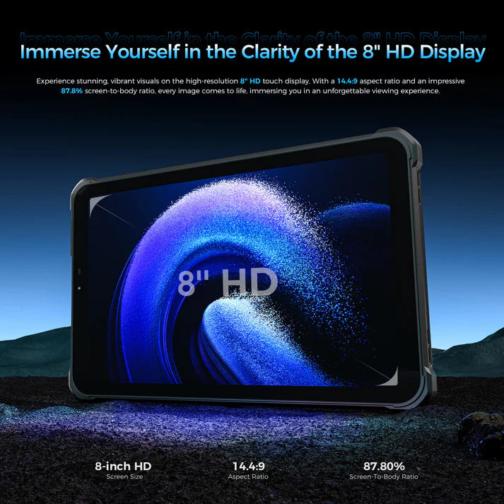 8-inch HD tablet with a blue and purple abstract design on the screen, set against a dark background.