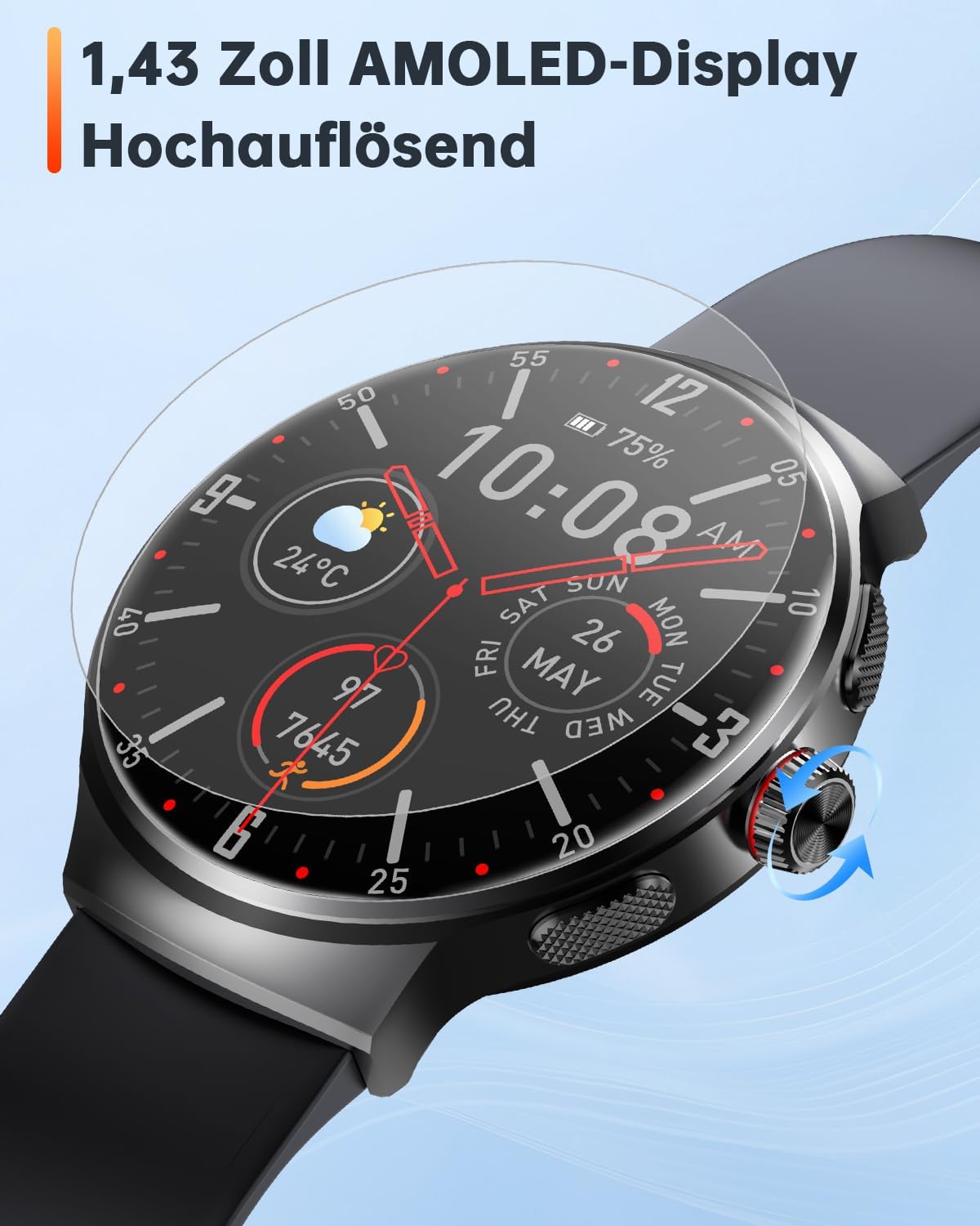 Smartwatch BT11 with AMOLED display on a light blue background