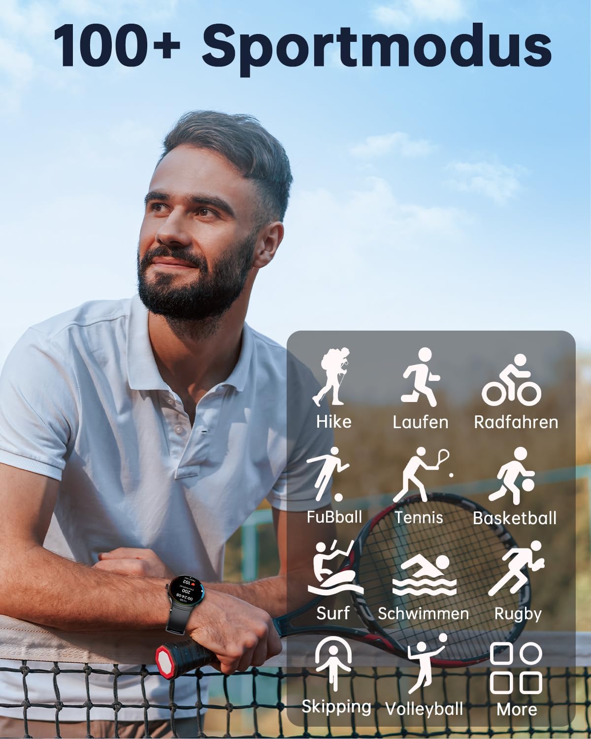 Man holding a tennis racket with sports icons and text on a blue sky background