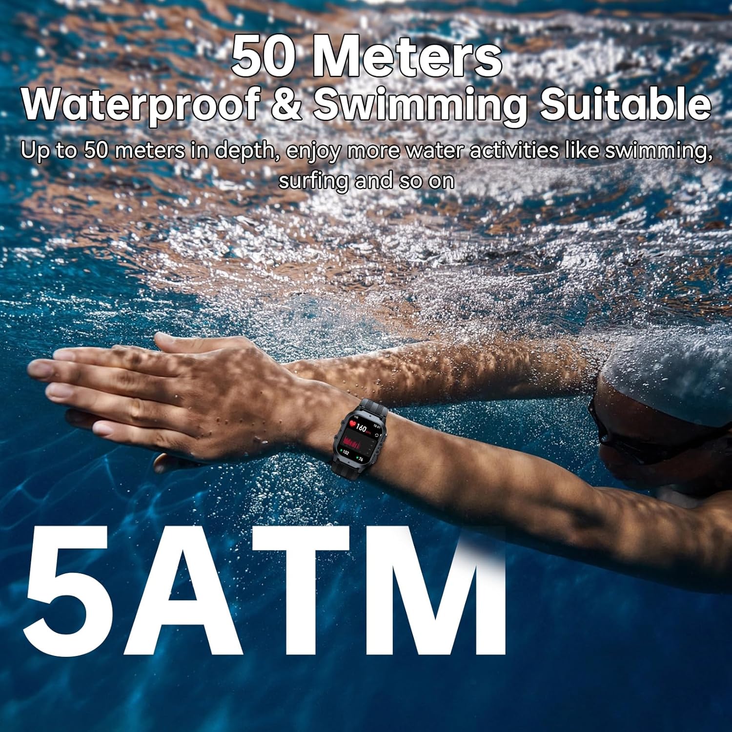 Person underwater wearing a smartwatch with text about water resistance and suitability for swimming activities.