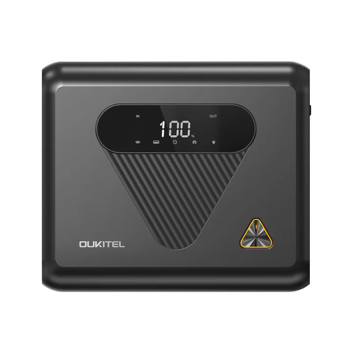 Black power bank with digital display and OUKITEL branding on a white background
