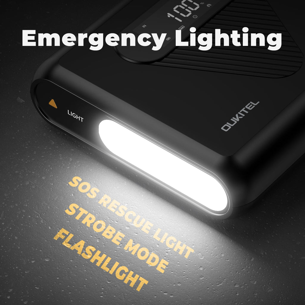 Black emergency lighting device with flashlight mode on a dark background