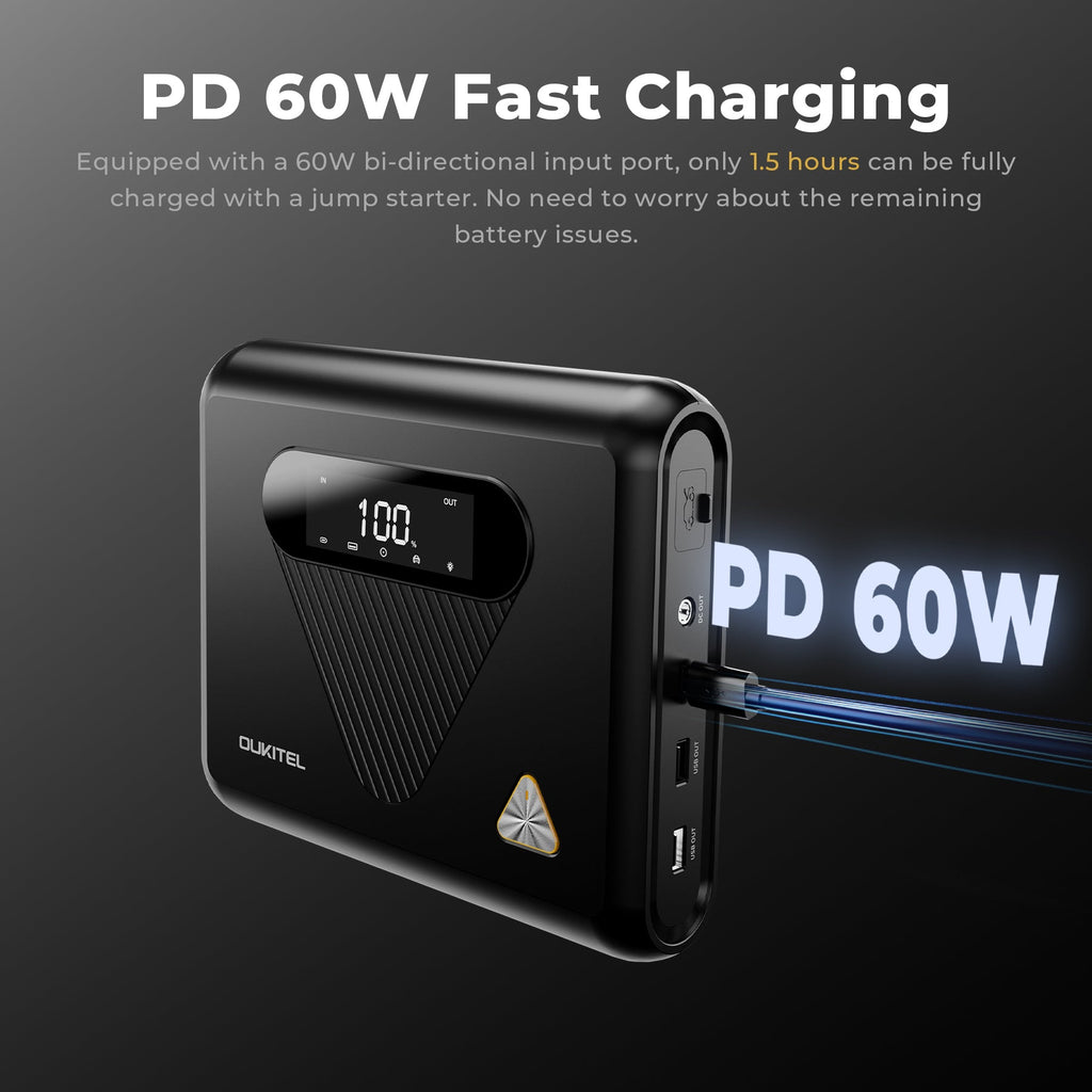 Black power bank with digital display and 'PD 60W' text on a dark background