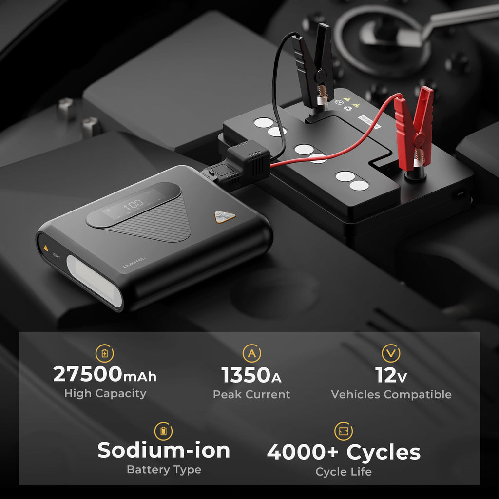 Car jump starter with battery details on a dark background