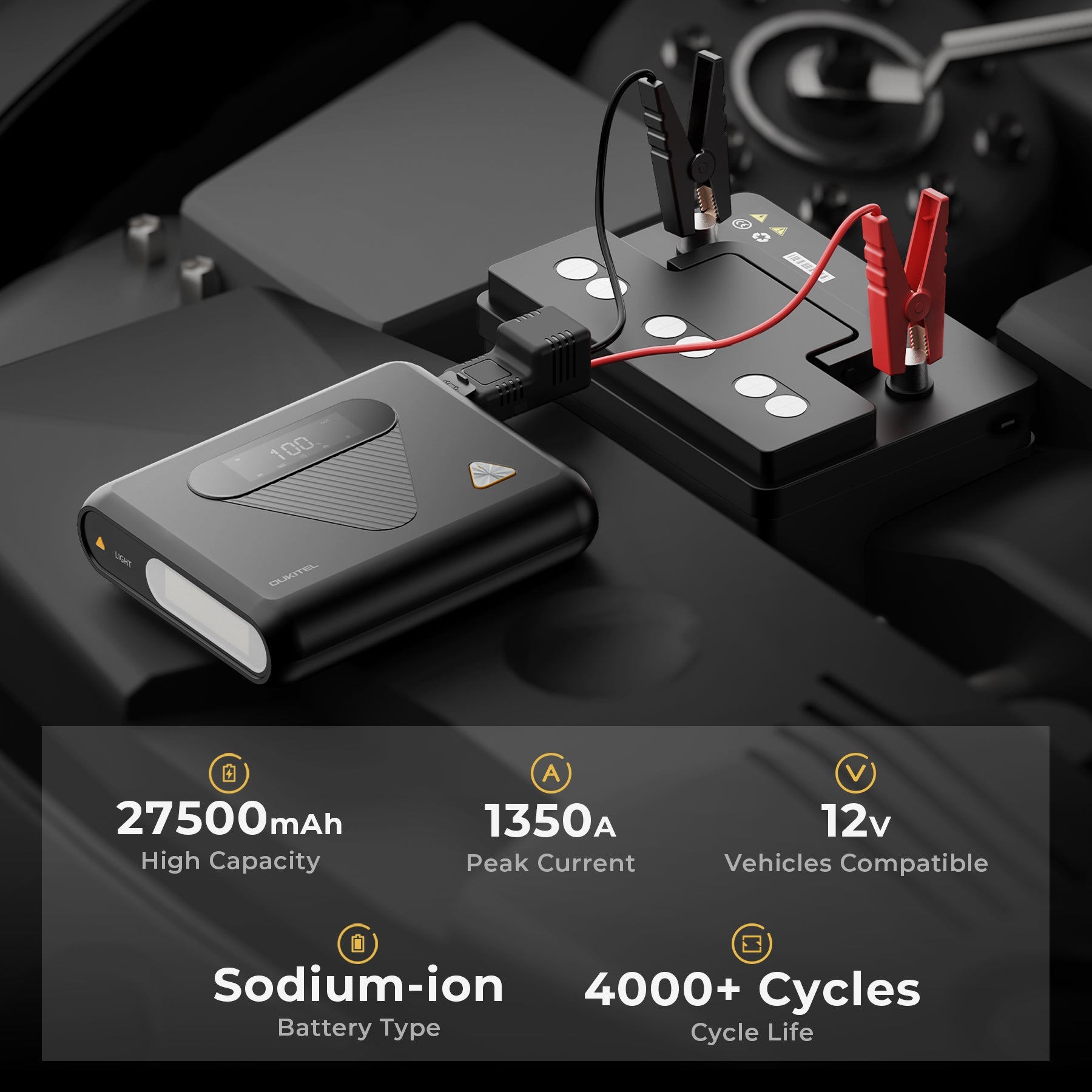 Car jump starter with battery details on a dark background