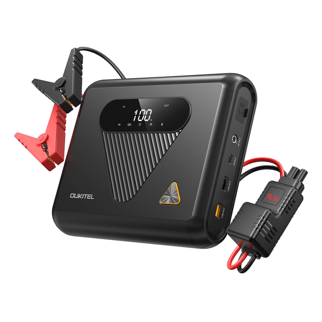 Black portable jump starter with clamps and connectors on a white background