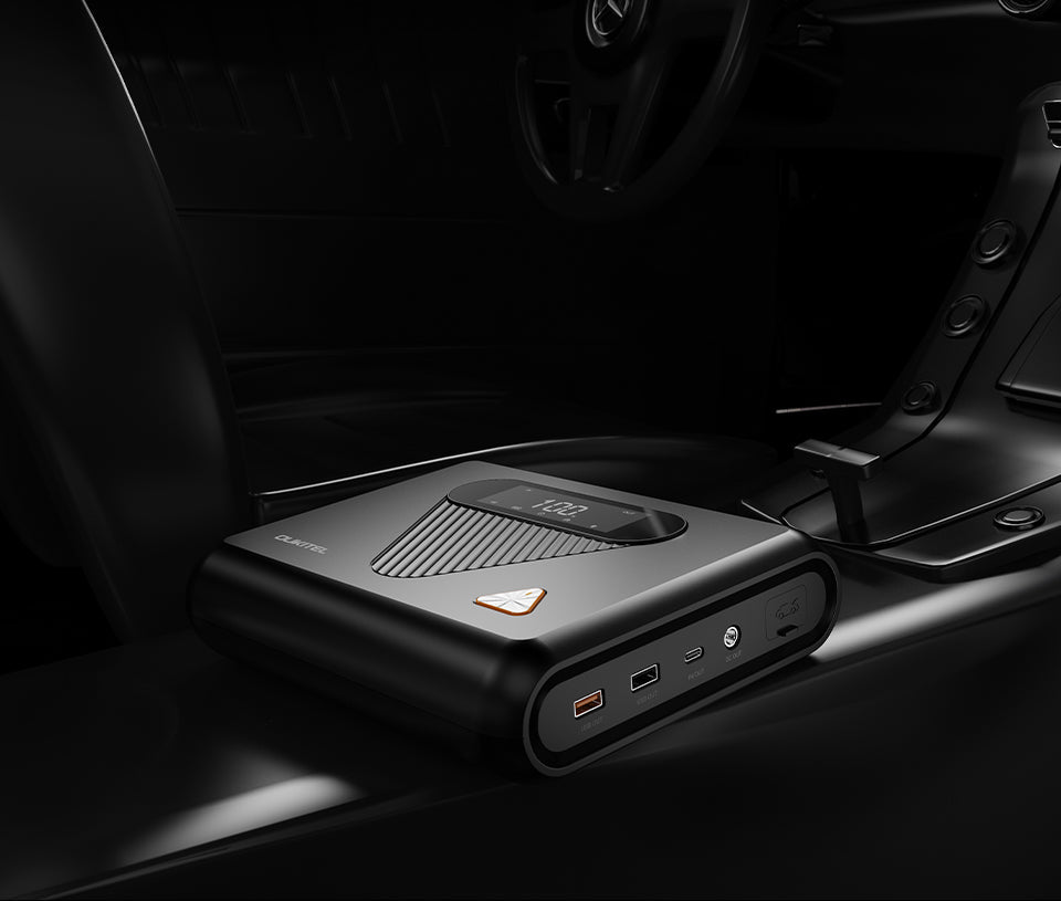 Car power bank device on a car's dashboard