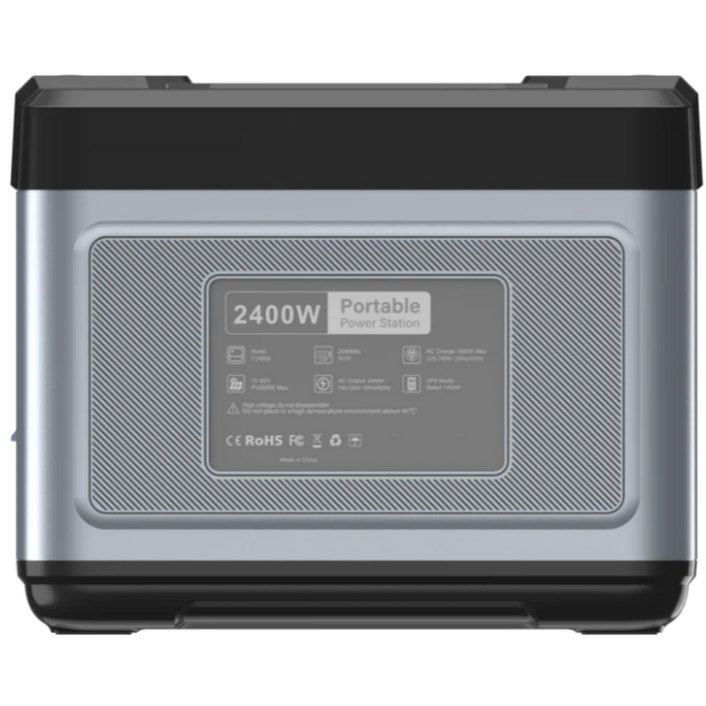 2400W portable power station with a black top and silver body on a white background