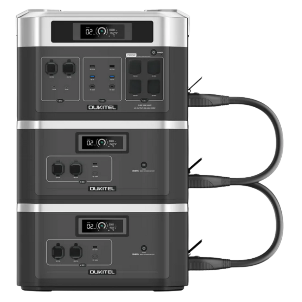 Oukitel power station BP2000 & B2000 with multiple outlets and cables on a white background