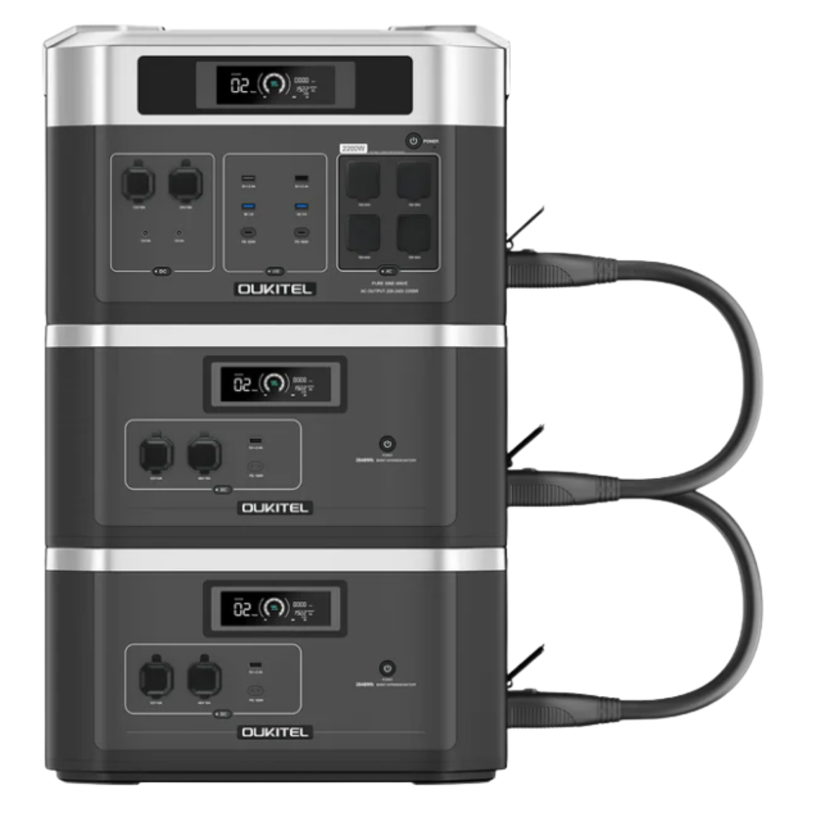 Oukitel power station BP2000 & B2000 with multiple outlets and cables on a white background