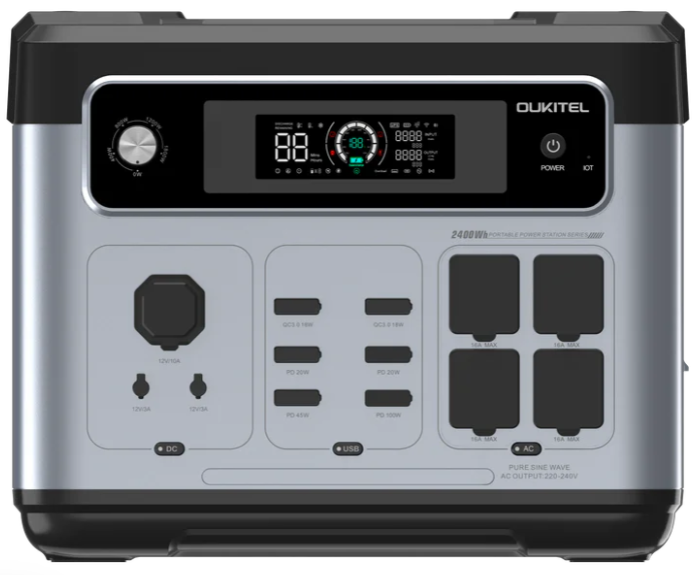 Oukitel power station p2400 with digital display and multiple outlets on a white background