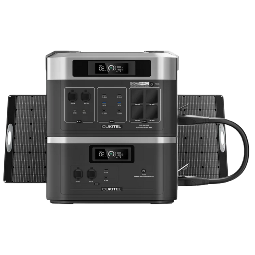 Oukitel power station with solar panels on a white background. BP2000