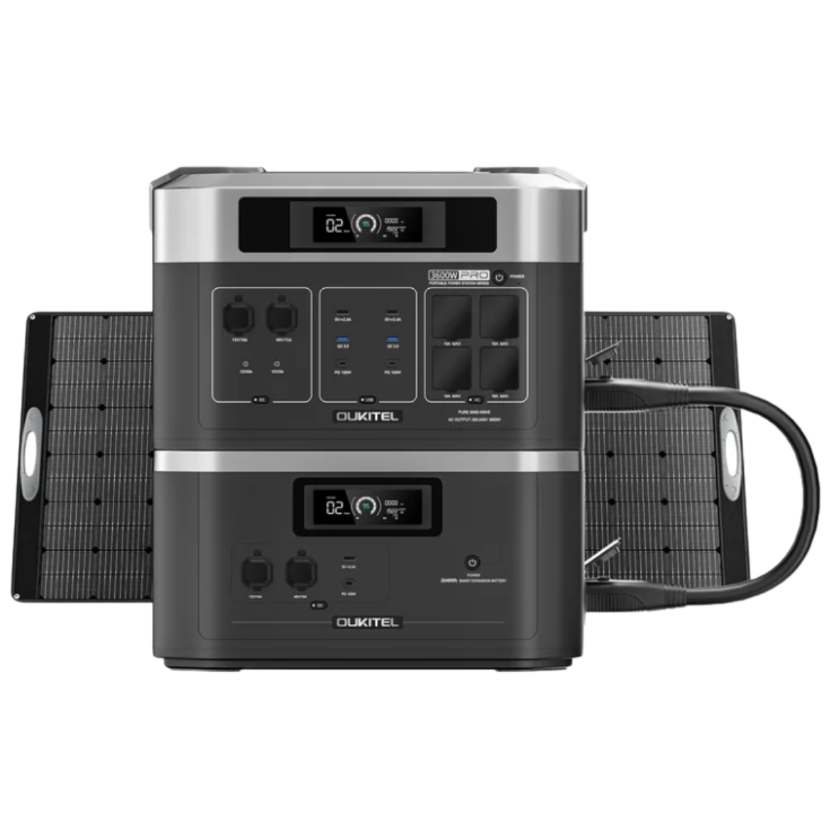 Oukitel power station with solar panels on a white background. BP2000