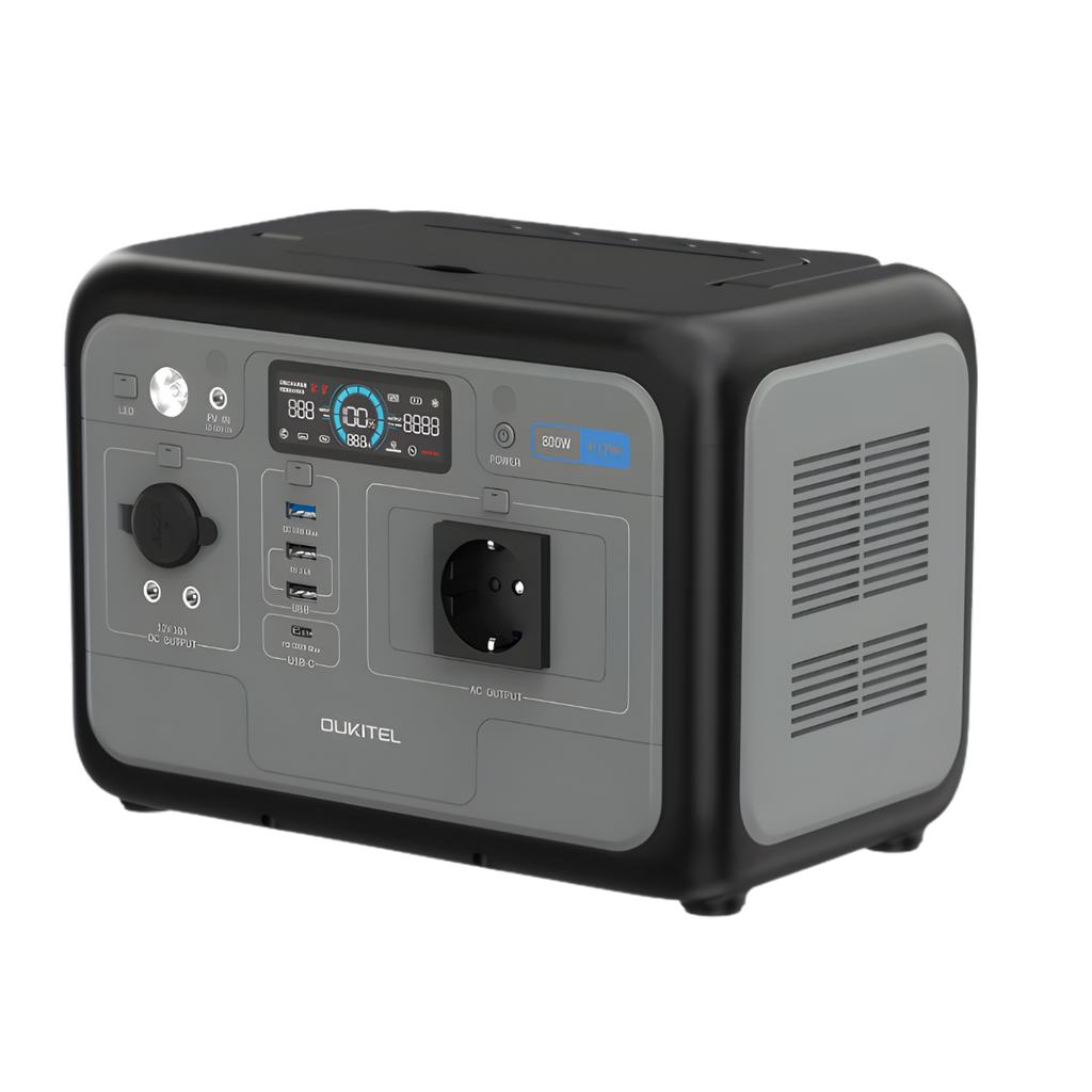 Portable power station with digital display and multiple ports on a white background. P800, P1000, P1500