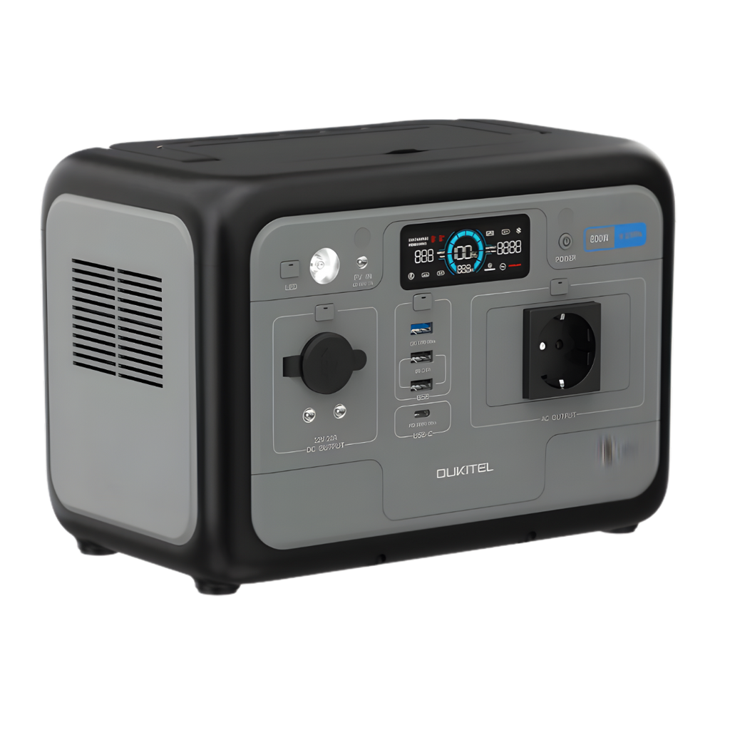 Portable power station with digital display and multiple ports on a white background. P800, P1000, P1500