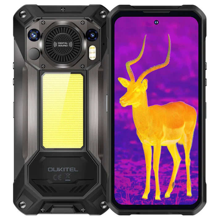 OUKITEL phone case with thermal imaging display showing a deer.