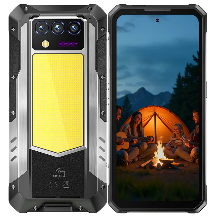 Rugged phone case with a yellow screen and camping scene on the phone's display.