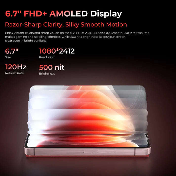 Display specifications of a smartphone with AMOLED screen on a dark background