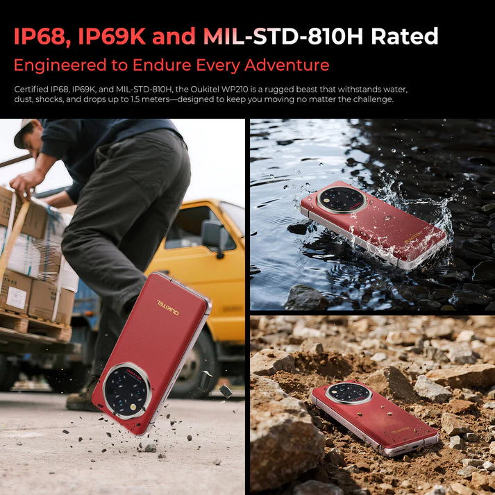 Red phone oukitel WP210 with durability features shown in various scenarios including water, dirt, and impact.