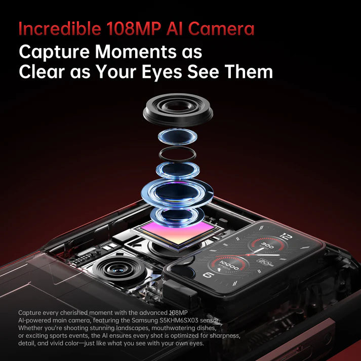 Phone camera module with lens components and text highlighting 108MP AI camera technology.