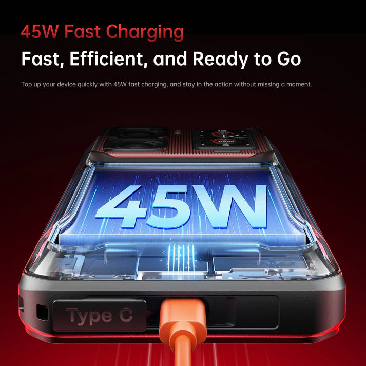 45W fast charging device with a red background and text highlighting fast, efficient charging.
