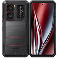 Oukitel phone with black back and red gradient front on a white background