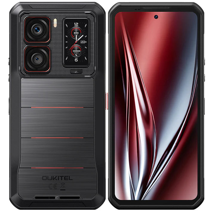 Oukitel phone with black back and red gradient front on a white background