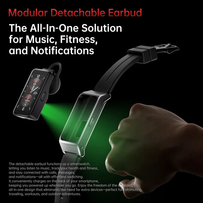 Modular detachable earbud with smartwatch functionality on a dark background
