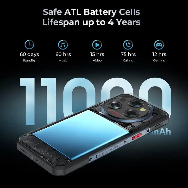 Smartphone with battery specifications on a dark background