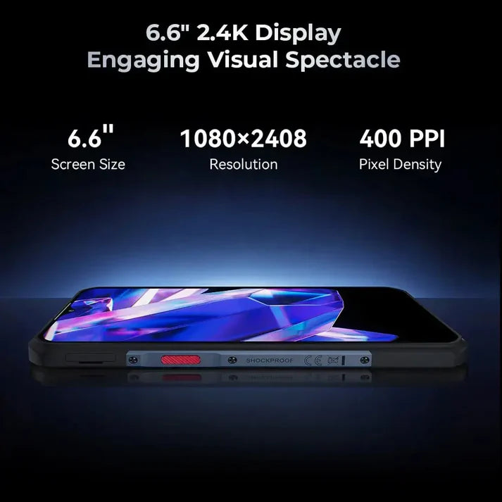 Smartphone with screen size, resolution, and pixel density displayed on a dark background