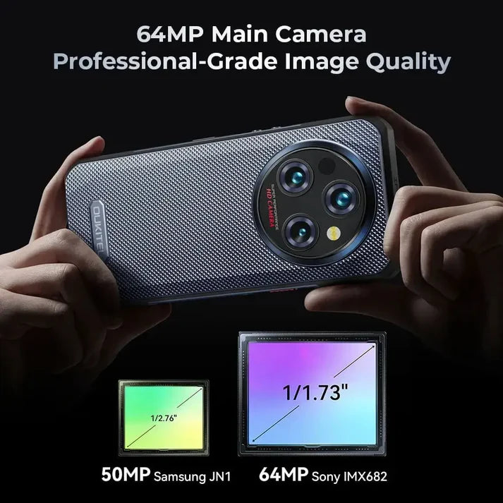 Phone WP210 with camera details and text about 64MP main camera and professional-grade image quality.