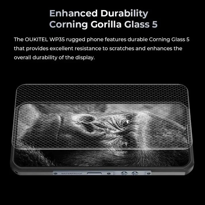 OUKITEL WP35 phone with Corning Gorilla Glass 5 on a black background