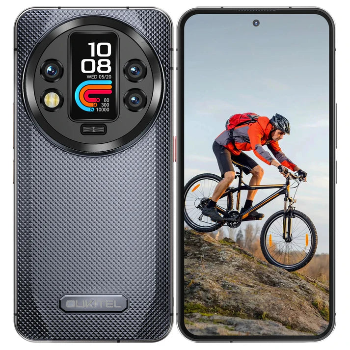 Black smartphone WP200 with a mountain biker on the screen, displayed on a white background