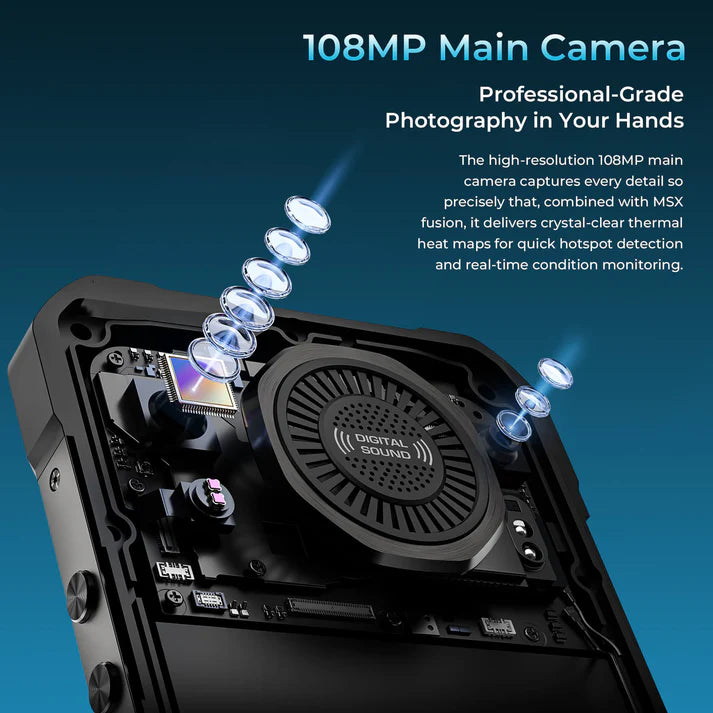 Close-up of a device with a 108MP main camera and thermal imaging capabilities on a blue background.