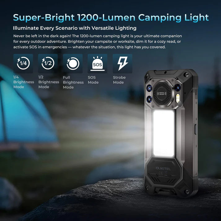 Camping light with multiple brightness modes and SOS feature, set against a blurred outdoor background.