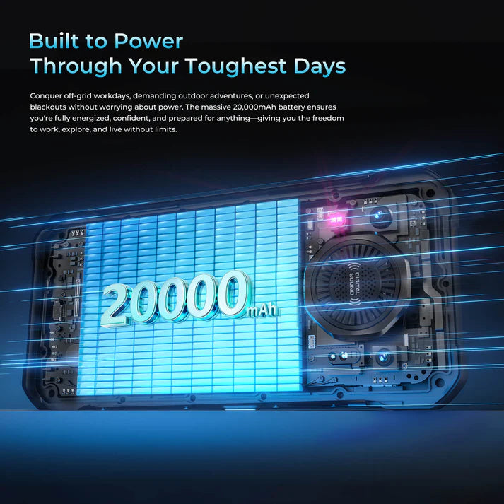Phone with 20,000mAh battery capacity on a dark background