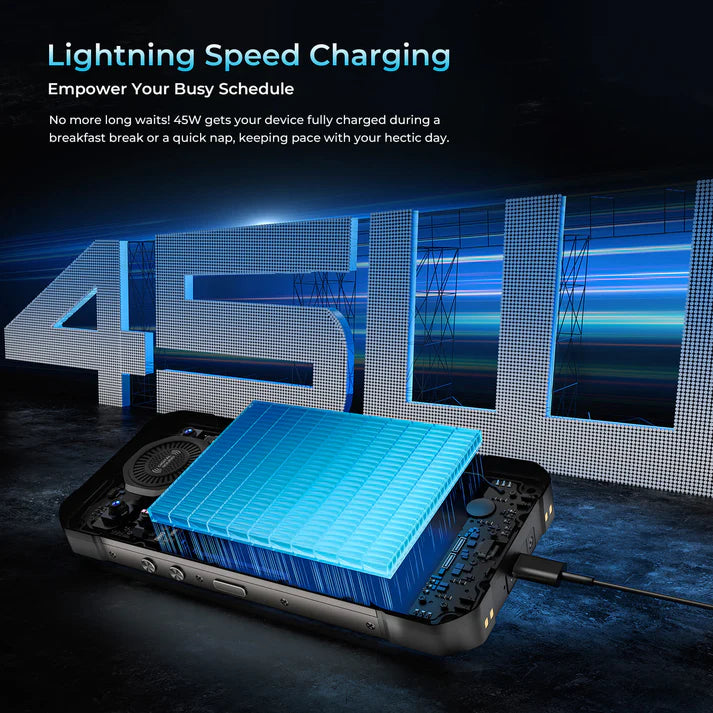 Phone with a cooling pad and lightning speed charging text on a dark background