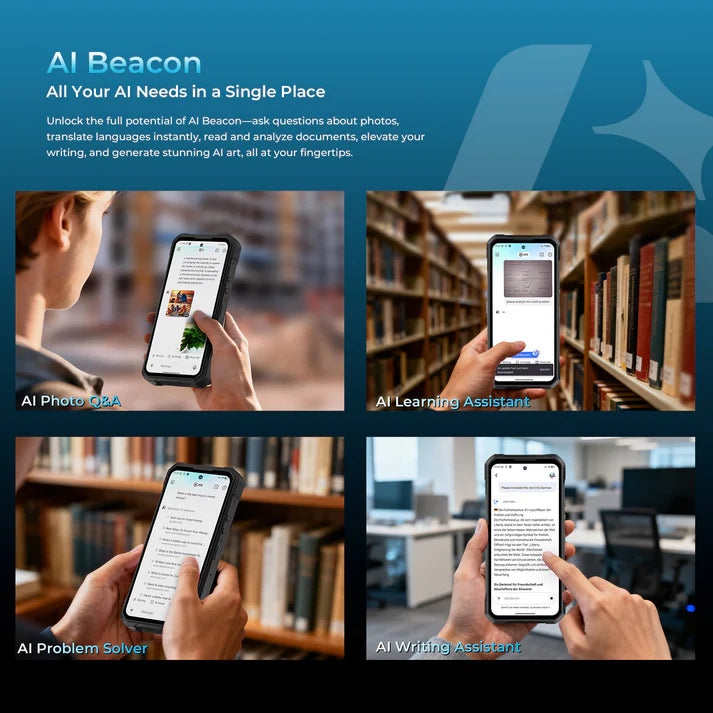 Promotional image of AI Beacon app with smartphone usage scenarios in a library setting.