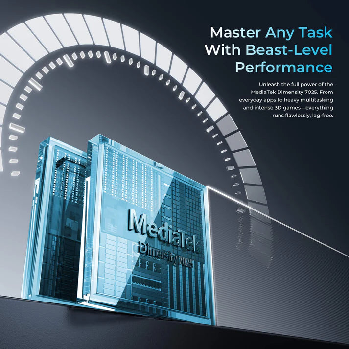 Advertisement for MediaTek Dimensity 7025 processor with futuristic design elements.