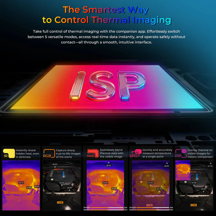 Thermal imaging device with ISP text and thermal images displayed below on a dark background