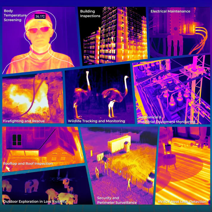 Collage of thermal imaging applications including building inspections, electrical maintenance, firefighting, and more.
